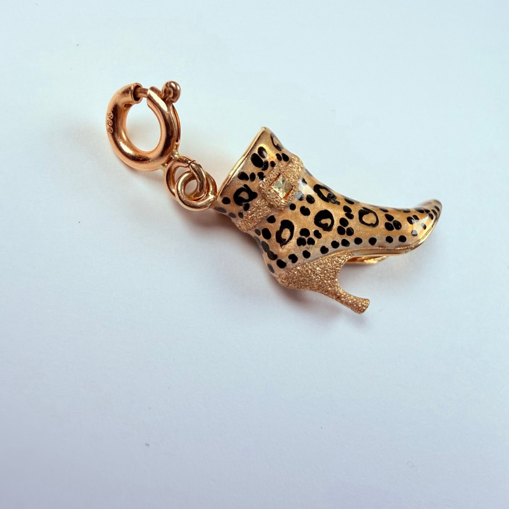 14K Solid Yellow Gold Stuller Enamel Leopard High Heel Shoe VTG Charm Pendant - Picture 6 of 9